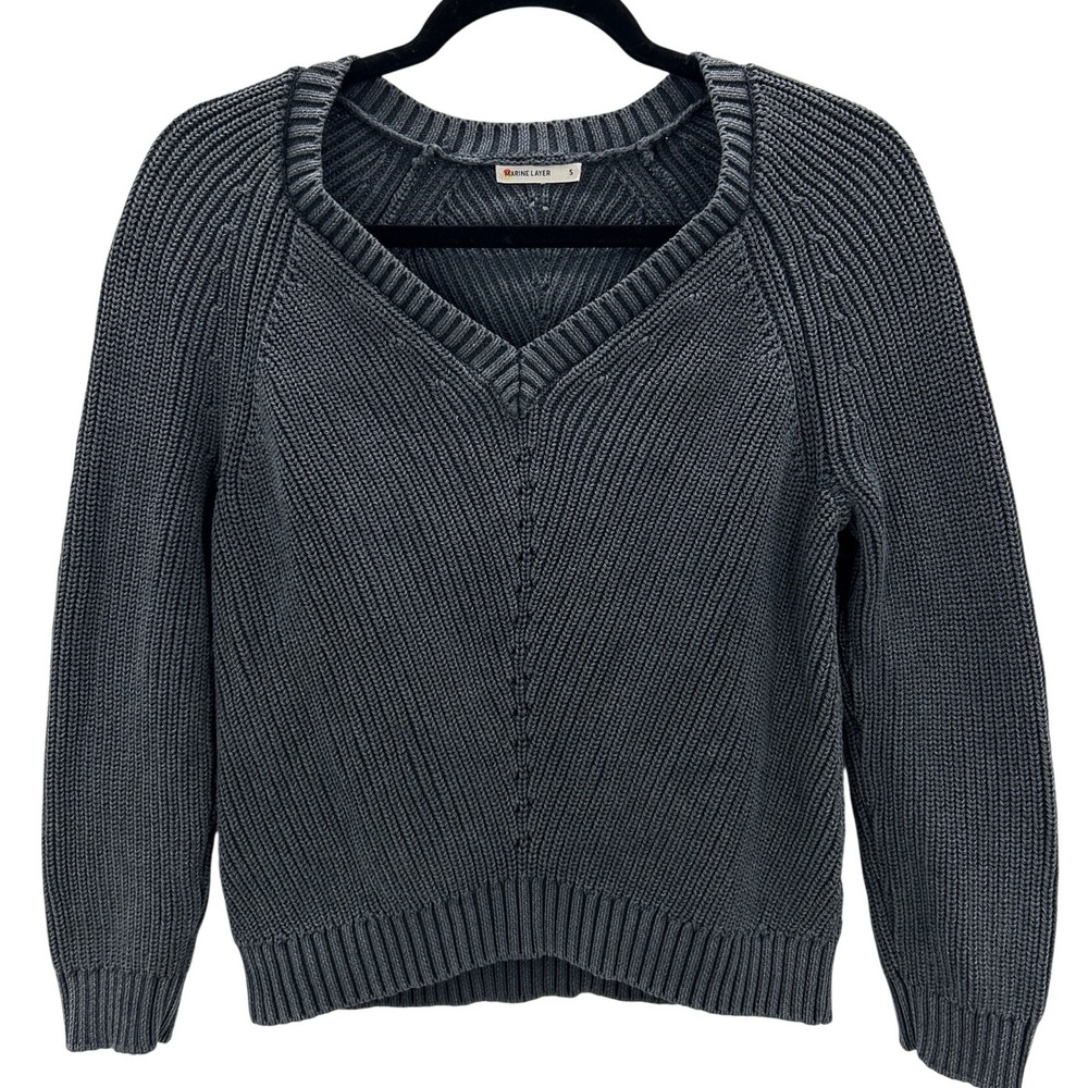 Marine Layer Ezra Grey V‎ Neck Ribbed Cotton Open Knit Sweater Women Size Medium